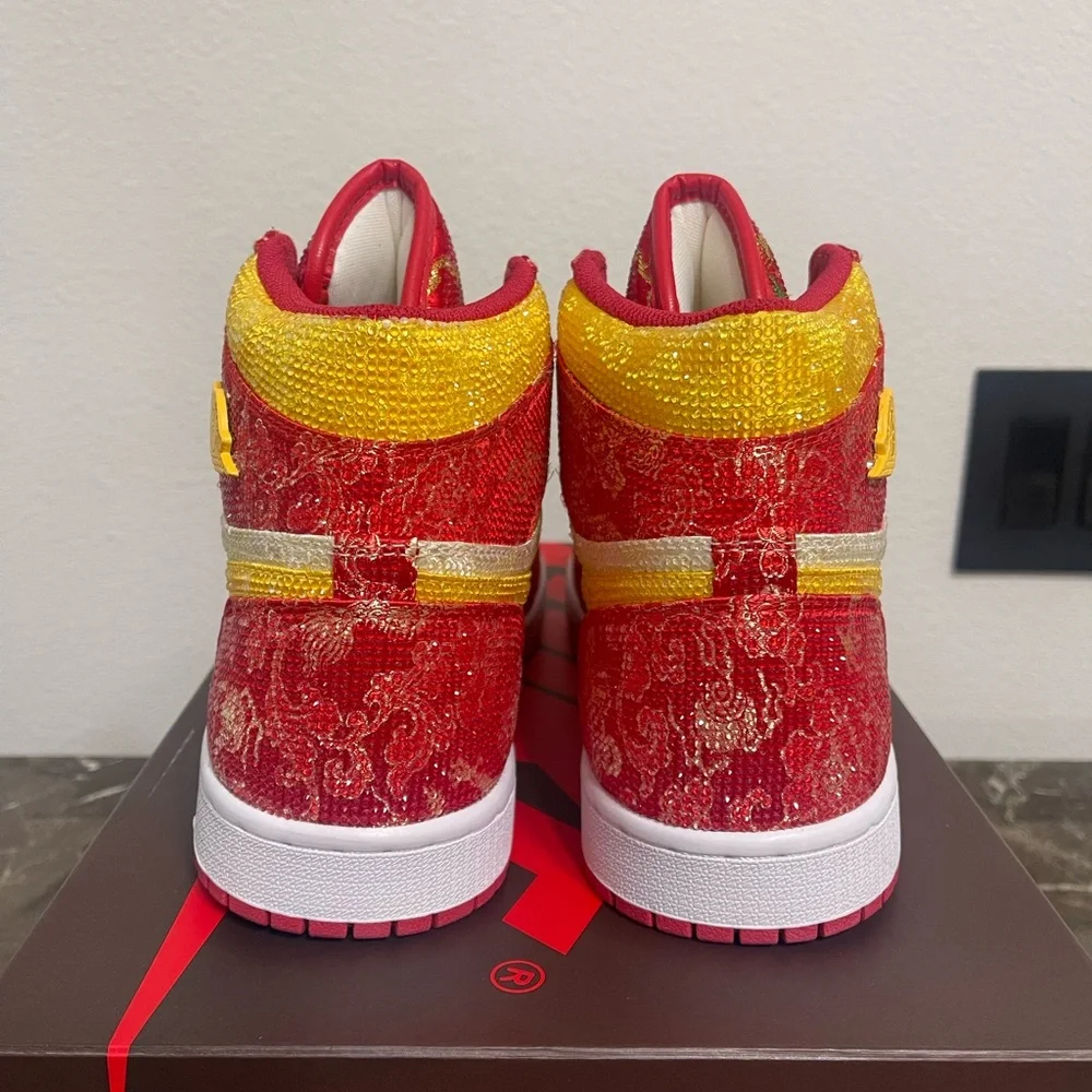 Custom Red, Yellow Rhinestone Crystal Nike Air Jordan Sneakers,Size Euro 41,